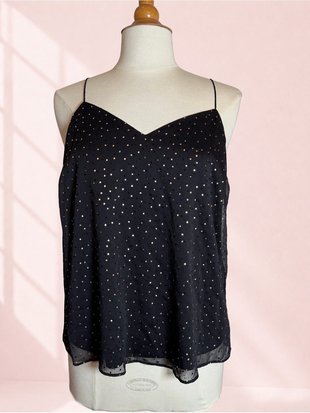 Nine West Black Gold Dot Chiffon Camisole Top L Adjustable Straps